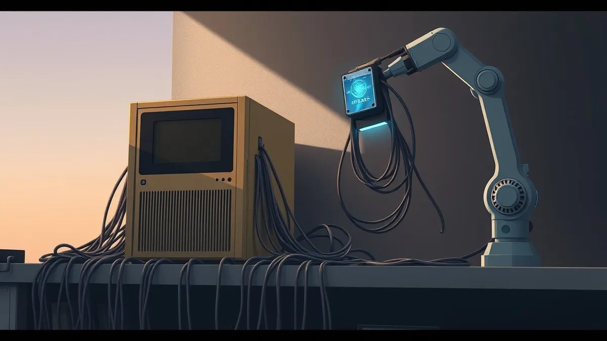 Illustration: An old beige server tower sits on a dusty shelf, its tangle of thick cables spilling out like weeds.