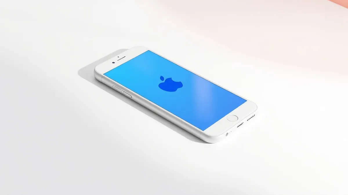 Illustration: A white smartphone rests on a clean white desk, its screen displaying a single vibrant blue icon.