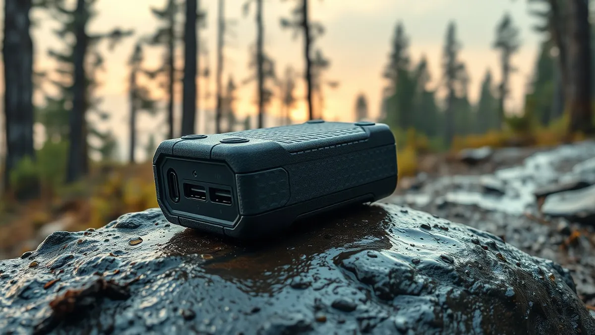 Illustration: A rugged, textured power bank rests on a wet, muddy rock beside a forest trail.