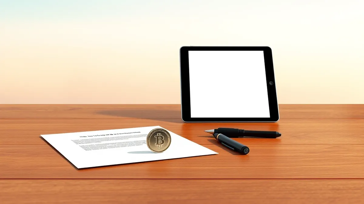 Illustration: A solitary silver coin rests on a polished wooden table beside a blank document and a black pen.