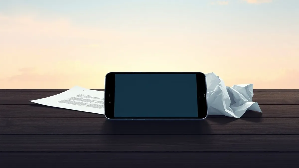 Illustration: A sleek smartphone rests on a dark wooden table, its blank screen reflecting overhead light.