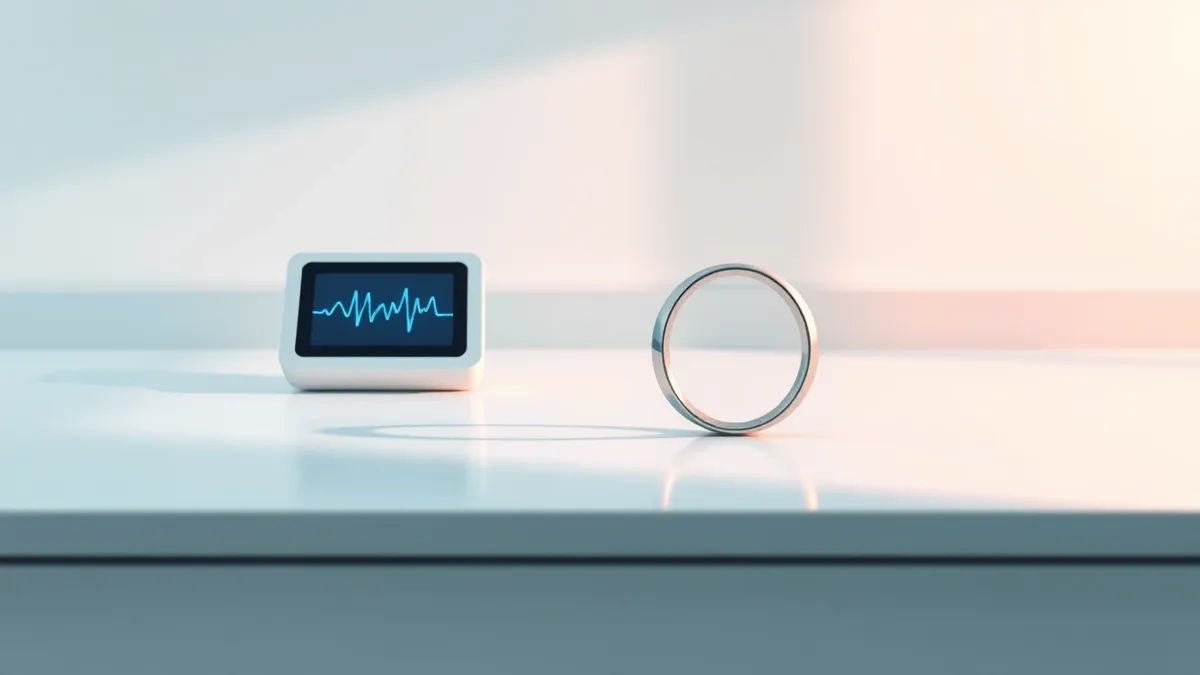 Illustration: A sleek silver smart ring rests on a clean white laboratory bench beside a small digital display showing abstract blue waveforms.