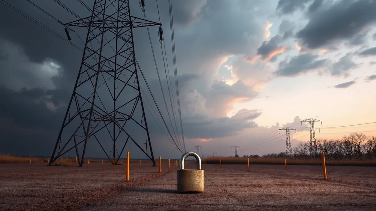 Illustration: A massive power transmission tower stands against a stormy sky, with thick cables extending toward an empty concrete foundation marked by survey stakes.