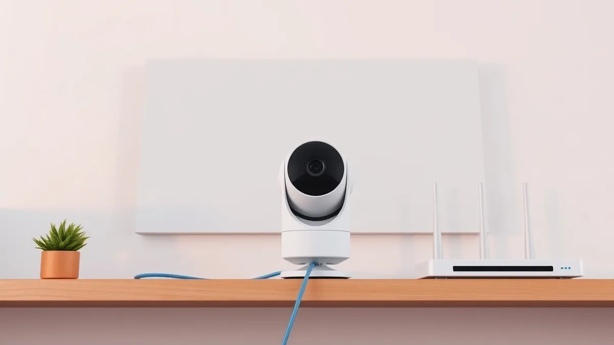 Illustration: A sleek white smart home camera sits on a wooden shelf, its lens facing forward.