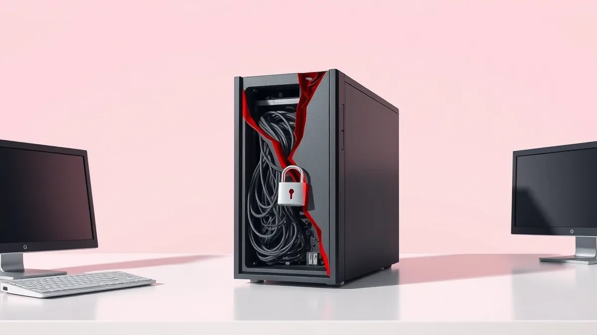Illustration: A sleek black server sits isolated on a clean white desk.