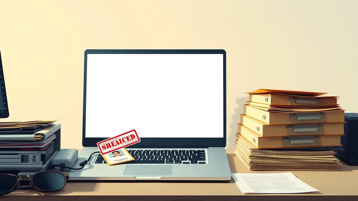 Illustration: A blank laptop sits on a cluttered desk next to a folded identification badge and a stack of generic manila folders.
