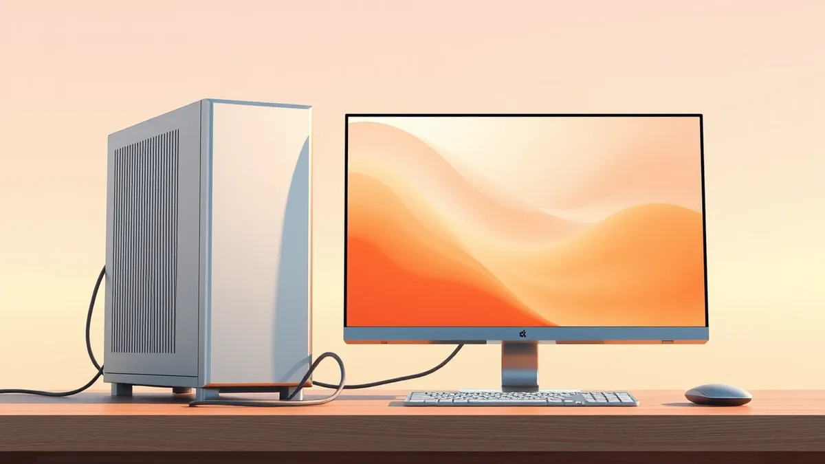 Illustration: A sleek silver computer tower sits on a clean wooden desk next to a matching desktop monitor.