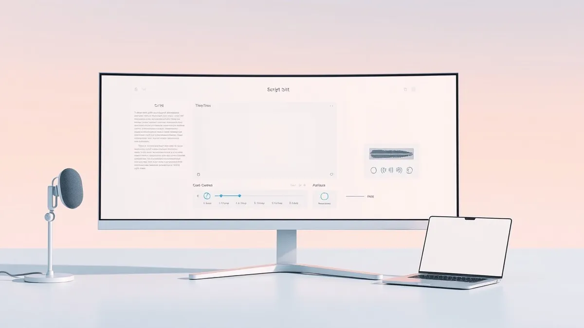 Illustration: A sleek, blank monitor displays a unified digital workspace with distinct panels for script, audio waveforms, and editing controls.