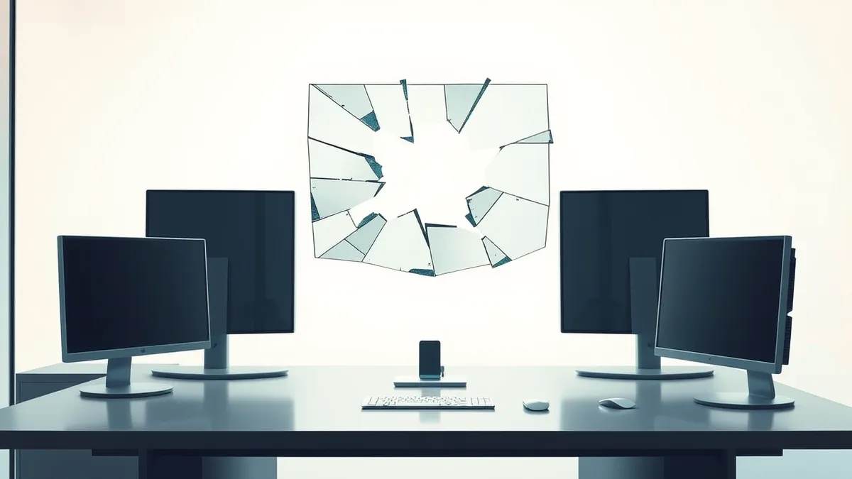 Illustration: A shattered glass pane floats above a sleek office desk, with jagged fragments hovering in mid-air.