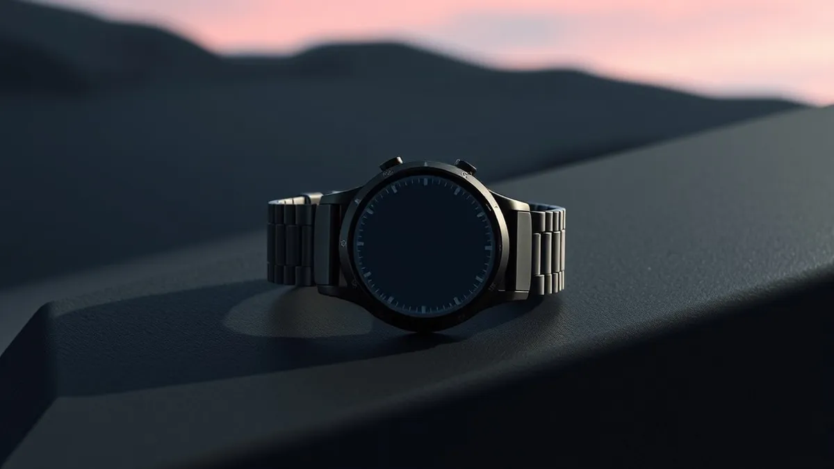 Illustration: A rugged black titanium smartwatch rests on a dark surface, its durable band coiled neatly beside it.