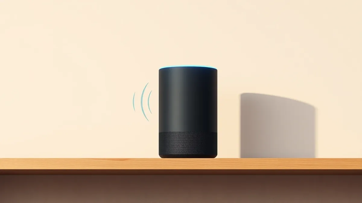 Illustration: A matte black cylindrical smart speaker sits on a wooden shelf, its top panel glowing with a soft, pulsing blue ring.