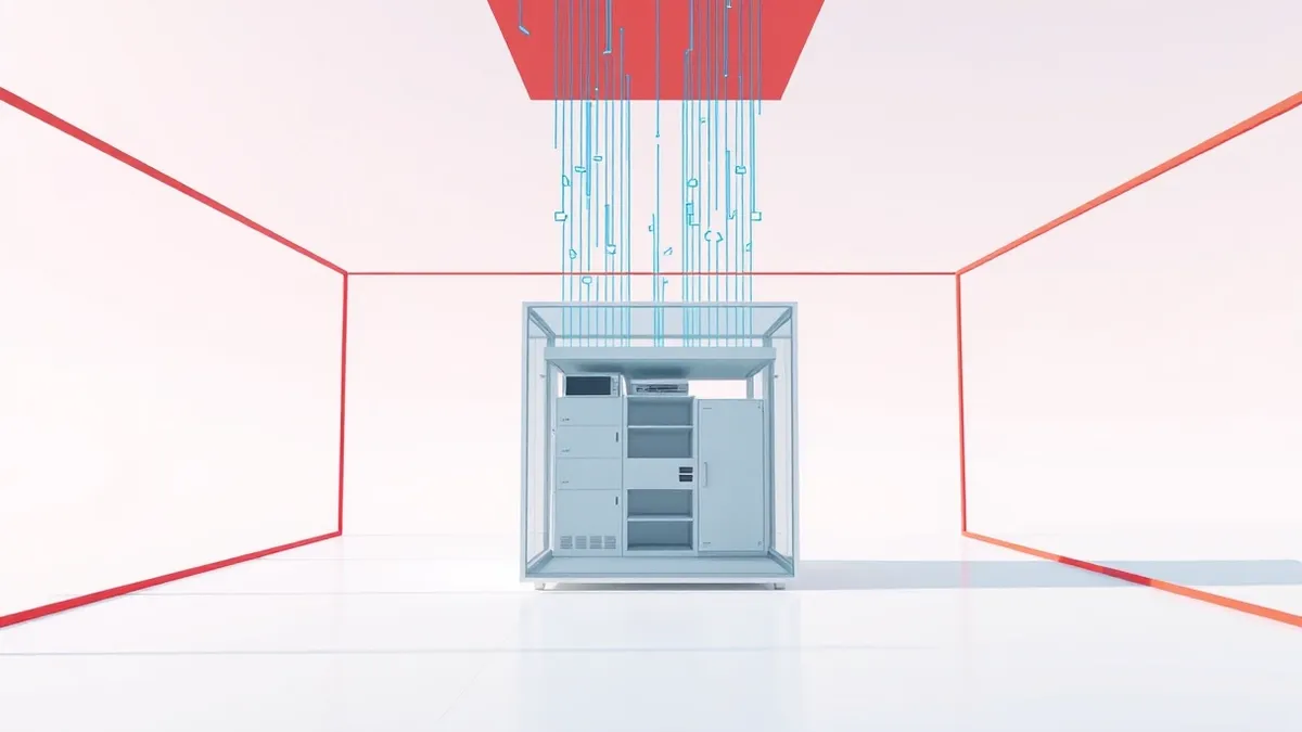 Illustration: A white server blade sits inside a transparent glass case, isolated on a clean white floor.