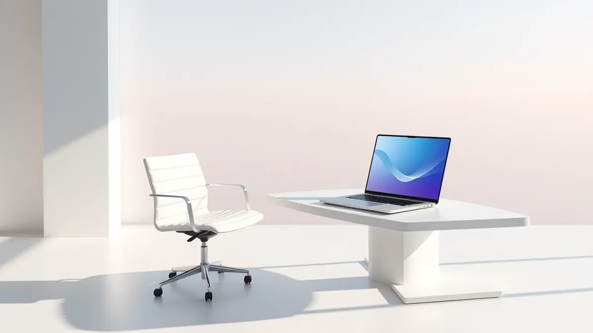 Illustration: A sleek, white office chair sits empty beside a minimalist desk.