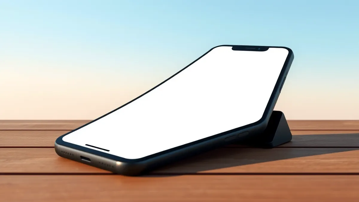 Illustration: A sleek black smartphone rests on a wooden desk, its screen displaying a blank white chat interface with empty gray message bubbles and a simple cursor blinking in th