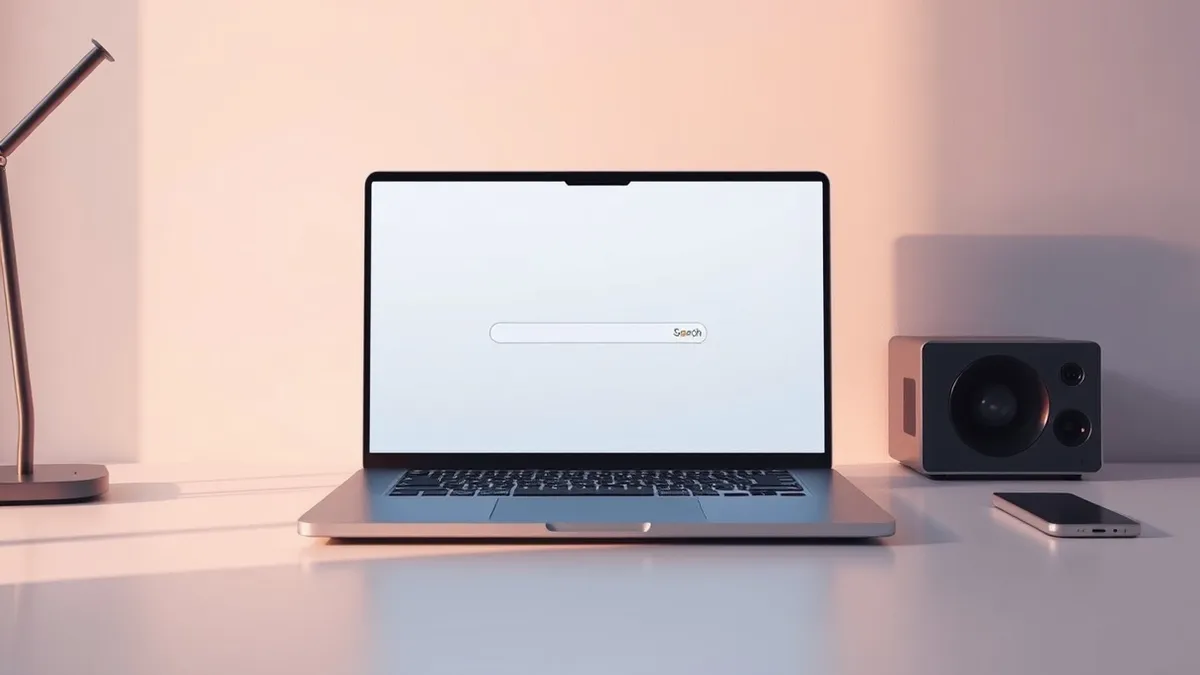 Illustration: A sleek laptop rests on a minimalist desk, its screen displaying a clean, empty search interface with a single prominent input field and abstract icon placeholders.