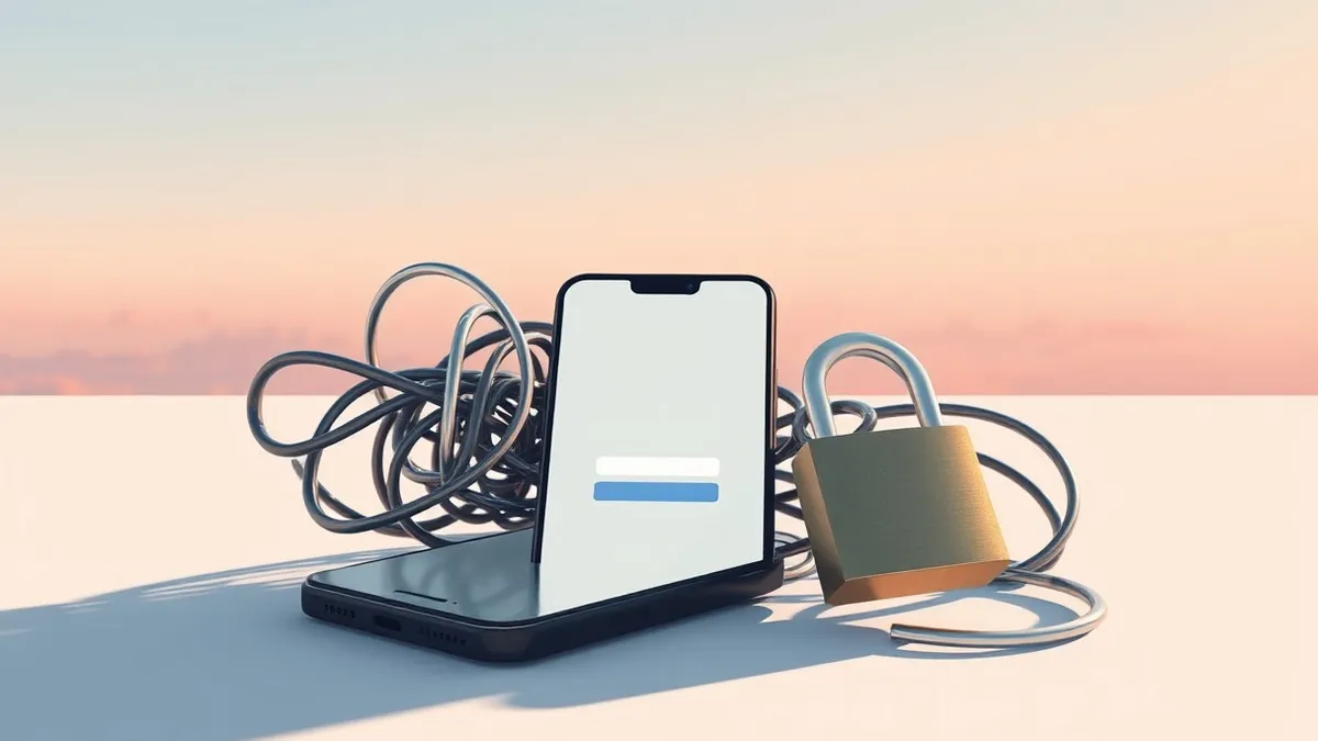 Illustration: A sleek smartphone rests on a table next to a tangled knot of digital locks.