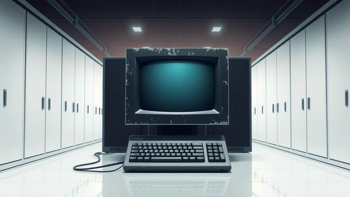 Illustration: A dusty computer terminal sits in a dark server room, its blank screen reflecting the sterile white walls.