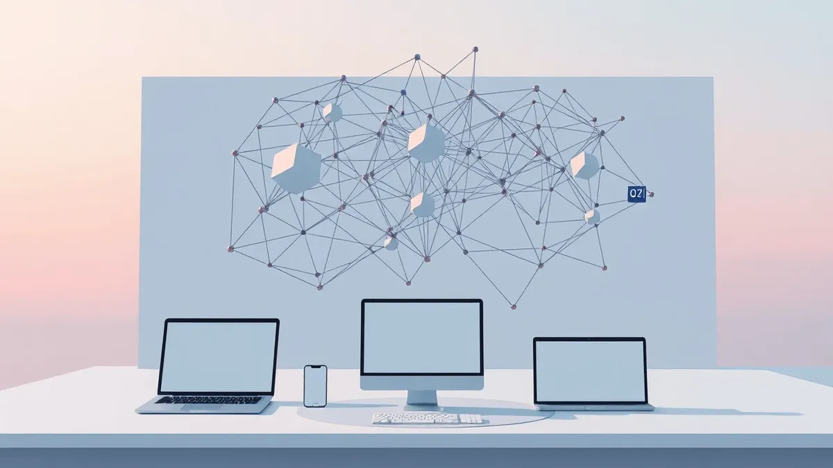 Illustration: A tangled web of abstract geometric shapes connects various generic software modules on a blank interface.