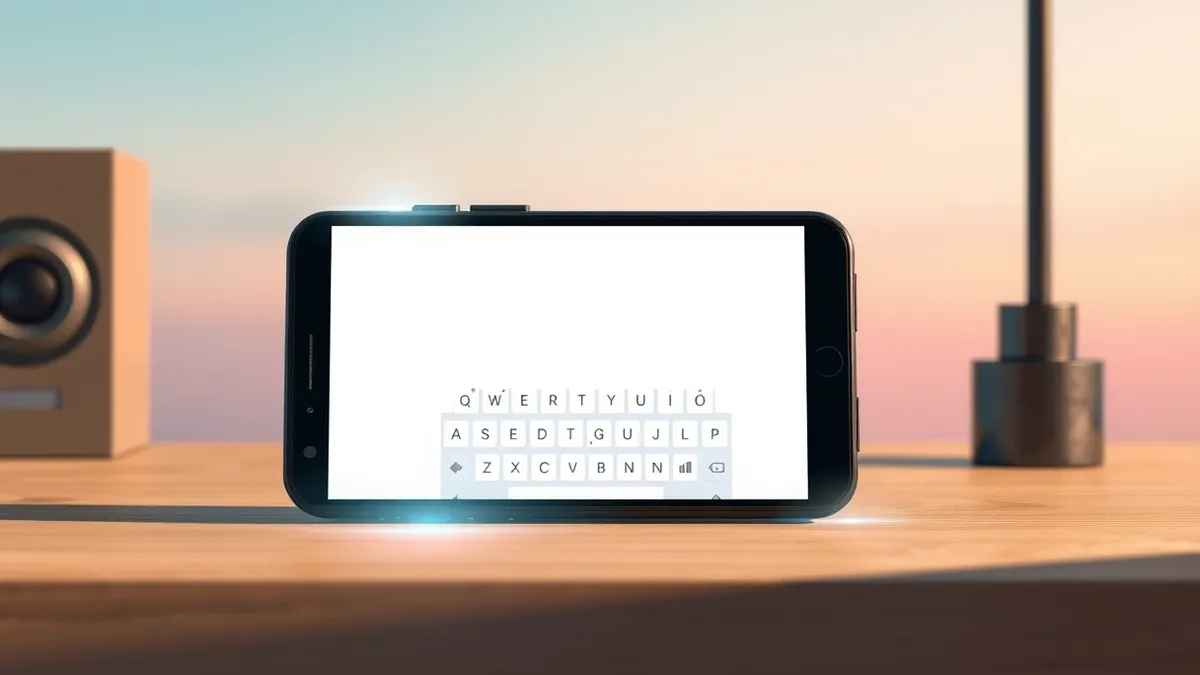 Illustration: A black smartphone sits on a wooden desk, displaying a blank typing interface with simplified cursor icons.