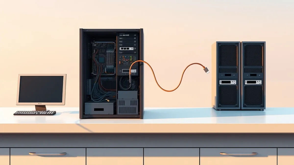 Illustration: A sleek server unit sits on a clean lab bench, its side panel open to reveal internal circuitry.
