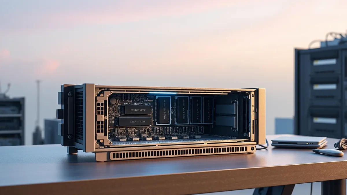 Illustration: A sleek silver server blade sits open on a workbench, revealing its internal circuitry.