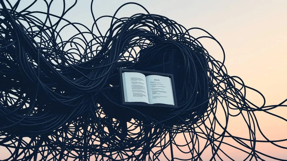 Illustration: A tangled web of dark cables connects to a single glowing server node.