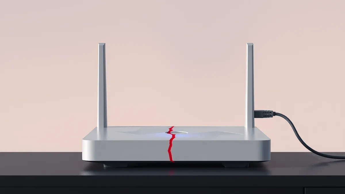 Illustration: A sleek silver router sits on a dark desk, its front panel displaying only abstract geometric shapes.