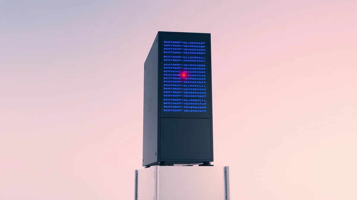 Illustration: A sleek black server tower sits on a metal rack.
