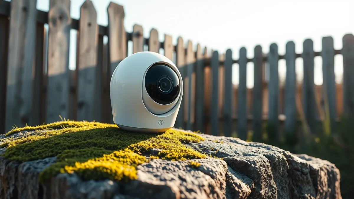 Illustration: A white dome-shaped outdoor security camera rests on a mossy garden stone near a wooden fence.