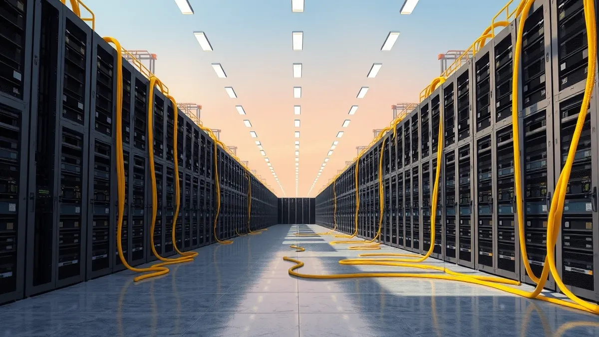 Illustration: A vast warehouse floor filled with rows of identical black server towers.