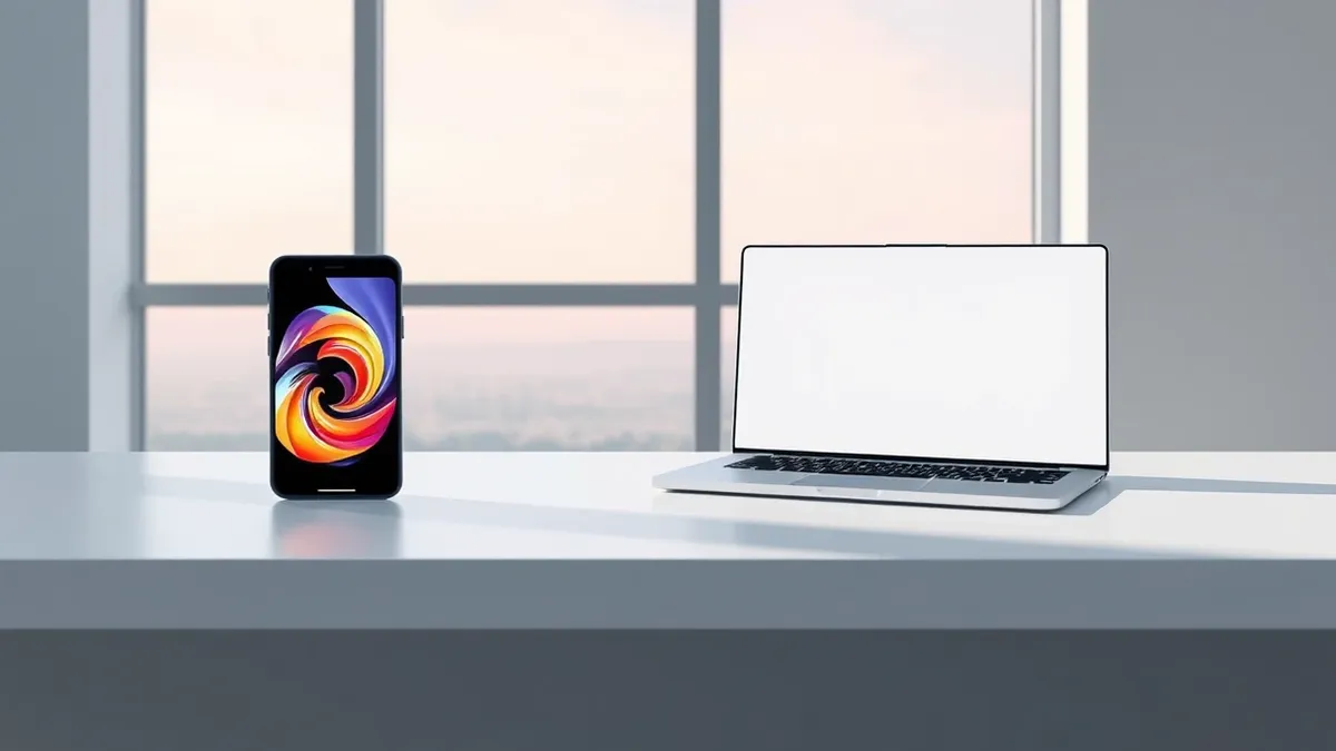 Illustration: A sleek white desk holds a single smartphone displaying a colorful abstract swirl on its screen.