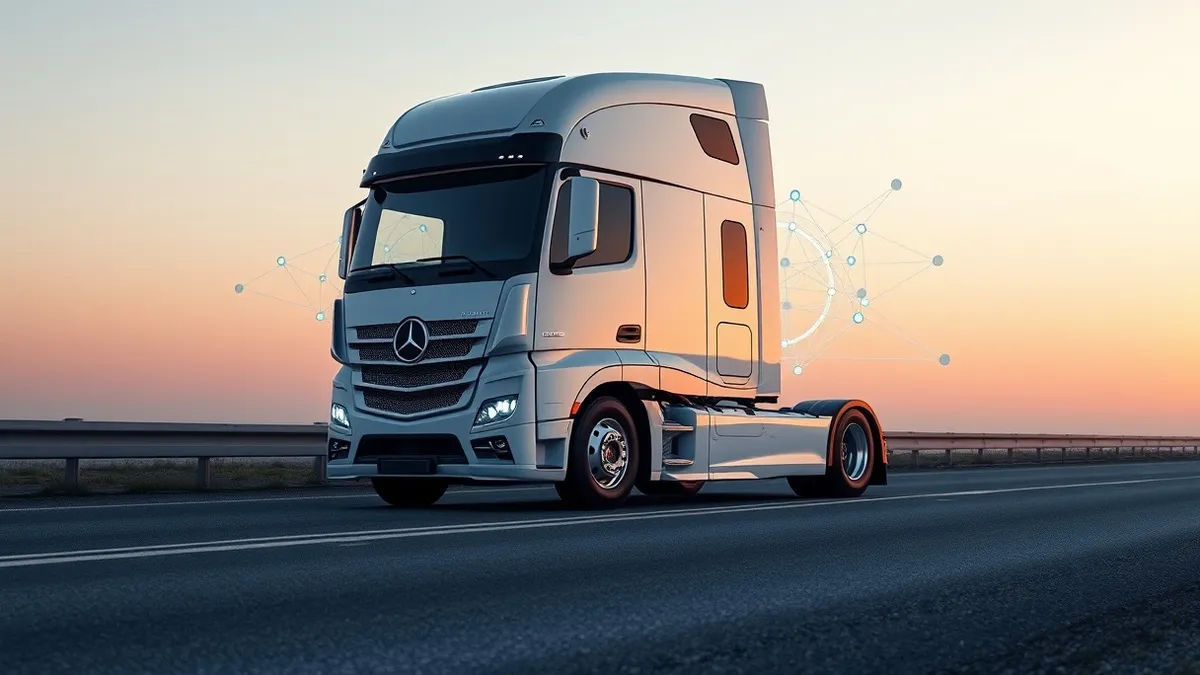 Illustration: A sleek white semi-truck cab sits on a paved highway lane, its roof-mounted sensor array glowing with subtle blue light.