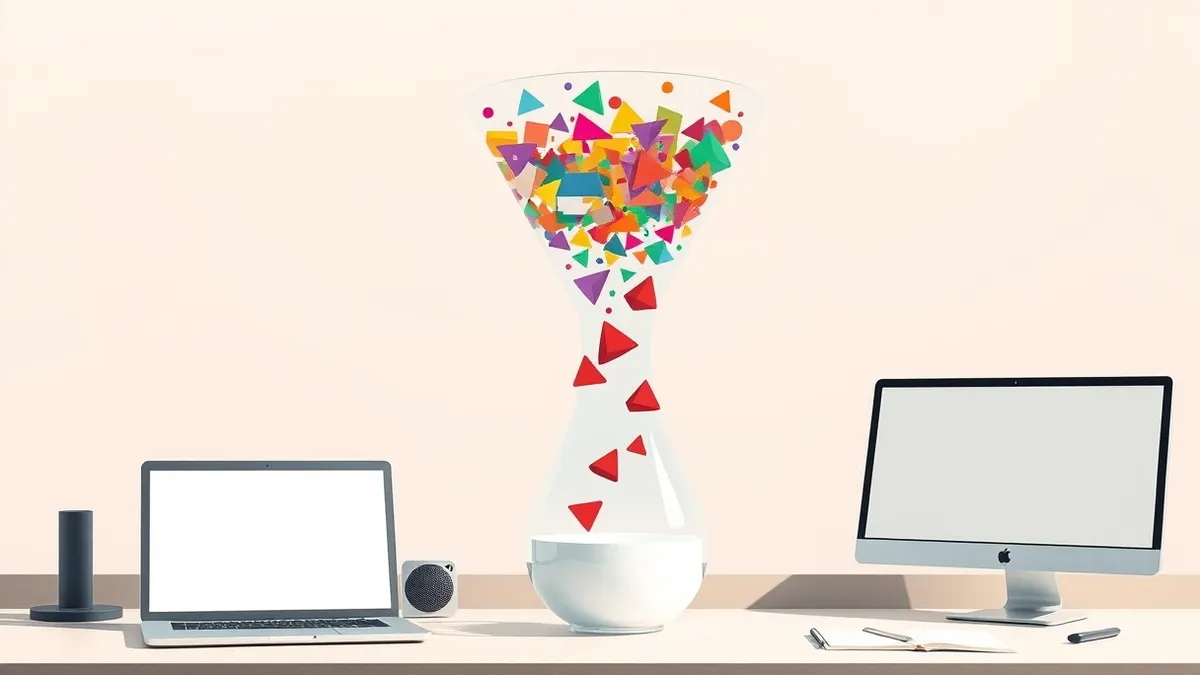 Illustration: A clear glass funnel sits on a desk, filtering a chaotic swirl of multicolored abstract shapes.