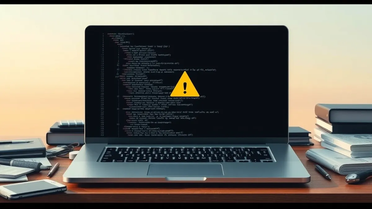 Illustration: A sleek silver laptop sits on a cluttered wooden desk, its screen displaying a dark coding interface with a single, stark yellow warning triangle in the center.
