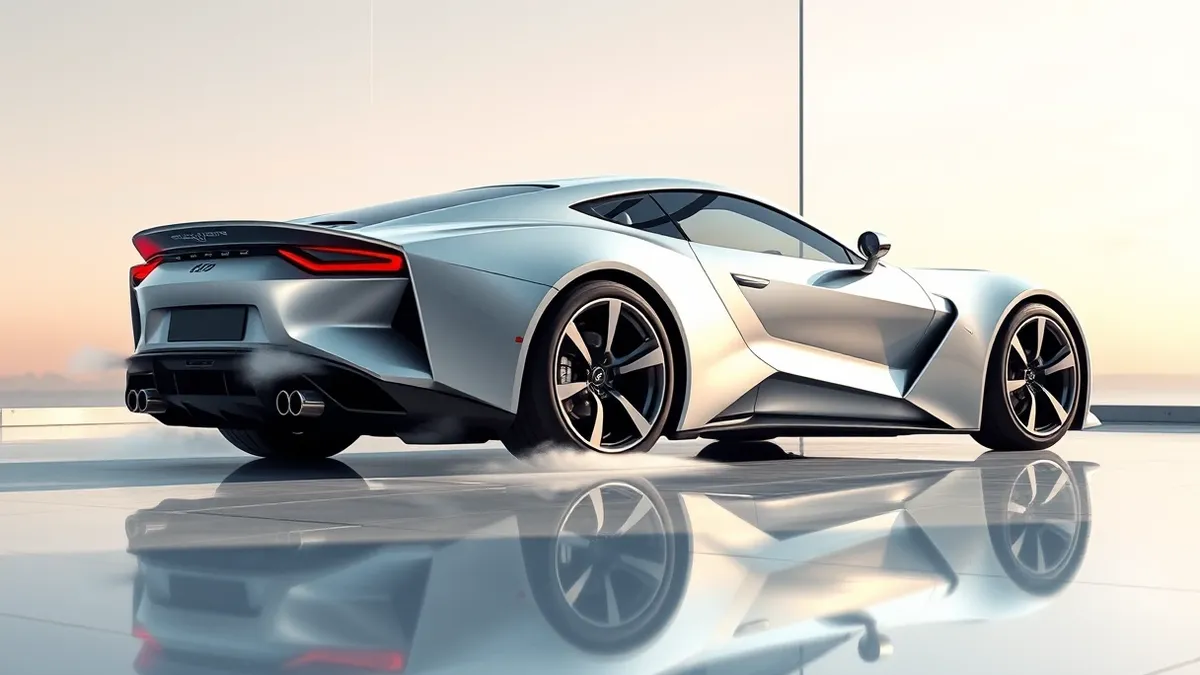 Illustration: A sleek silver sports car sits on a polished showroom floor with small nozzle arrays mounted near the rear wheels.
