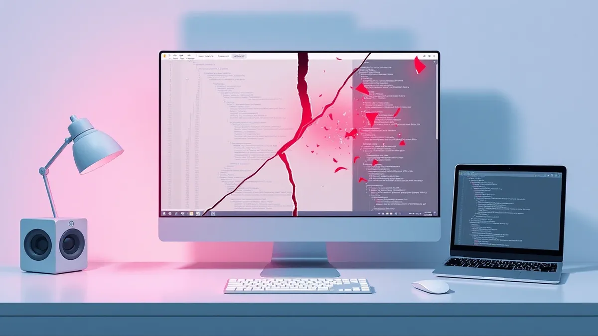 Illustration: A blank code editor window sits on a clean desk, with a sharp, jagged digital crack splitting the interface diagonally.