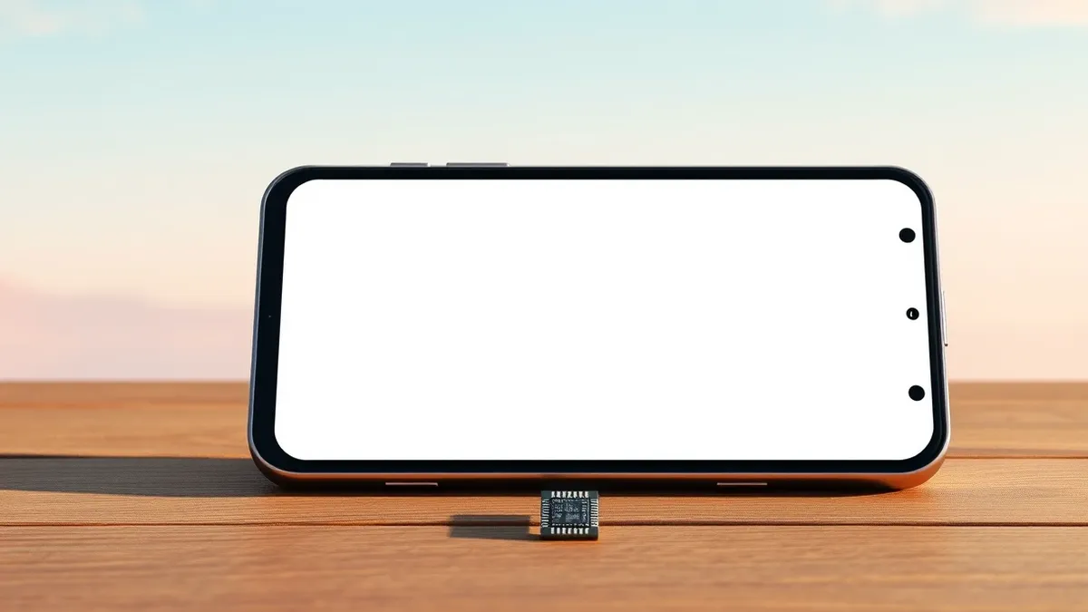 Illustration: A generic smartphone with a large blank screen lies flat on a wooden table, highlighting its substantial physical dimensions.