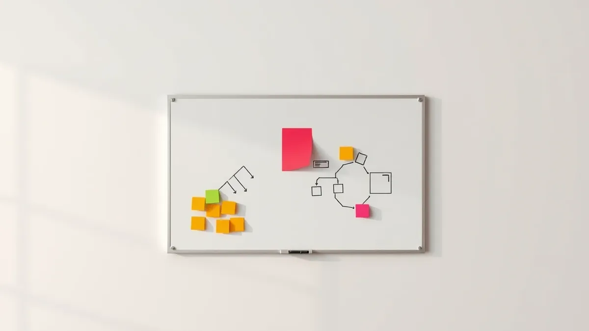 Illustration: A whiteboard hangs on a plain office wall, covered in colorful sticky notes arranged in clusters.