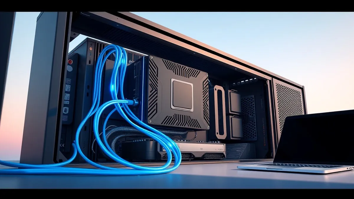 Illustration: A sleek graphics processing unit sits mounted inside an open server chassis, with thin network cables plugged directly into its ports.