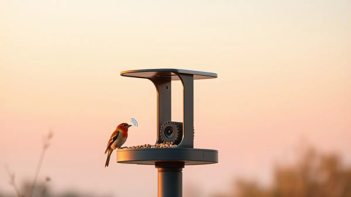 Illustration: A sleek outdoor bird feeder sits on a garden post with a small camera lens visible on its side.