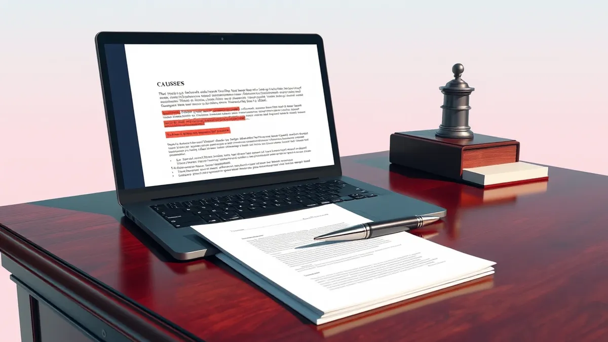 Illustration: A sleek black laptop sits on a polished mahogany desk, its screen displaying a document with red abstract highlights marking specific clauses.