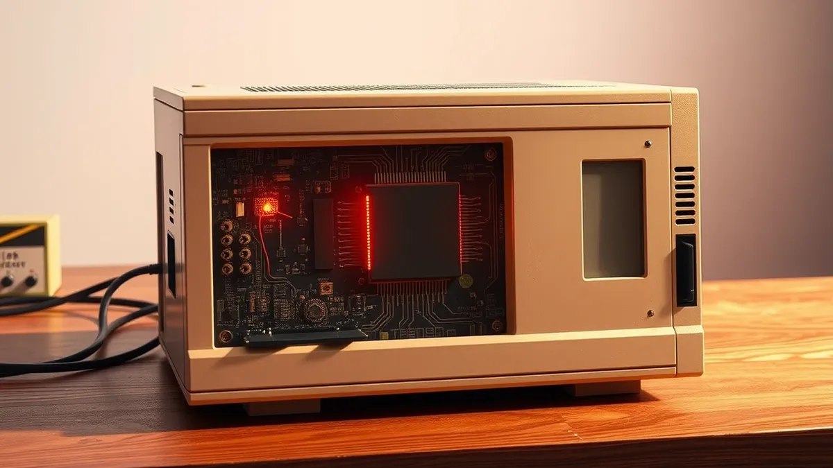 Illustration: A vintage beige computer motherboard rests on a wooden workbench under bright studio lighting.