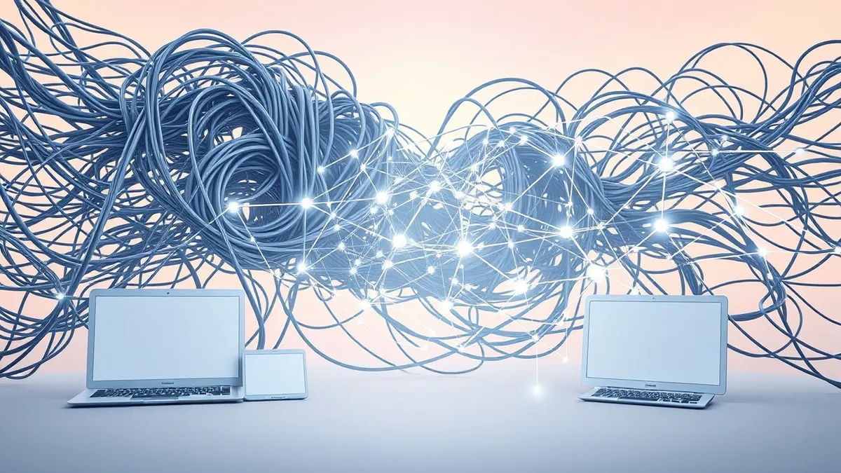 Illustration: A tangled knot of grey cables dissolves into a clean geometric lattice of glowing nodes and lines.