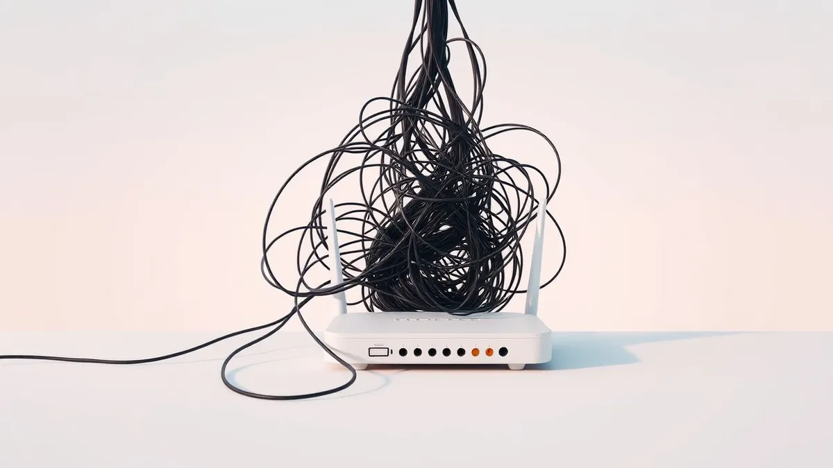 Illustration: A tangled knot of thin black cables emerges from a small, unmarked white router.
