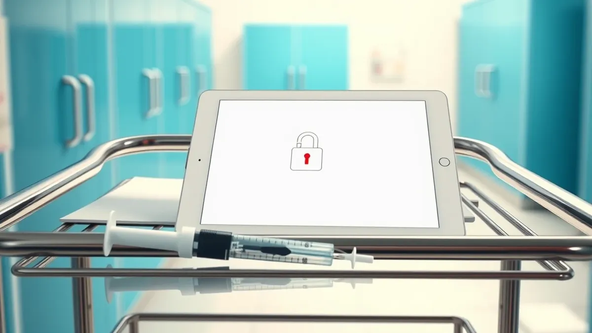 Illustration: A generic white tablet rests on a stainless steel hospital trolley beside a syringe.