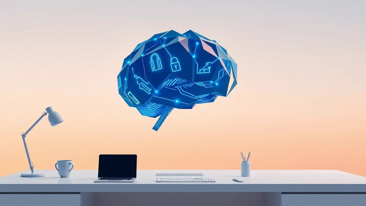 Illustration: A sleek, abstract geometric brain structure hovers above a clean white desk.
