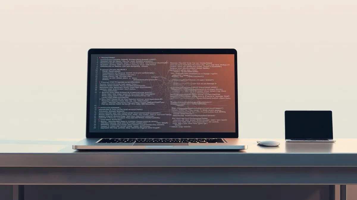 Illustration: A sleek silver laptop sits on a metal workbench, its screen displaying tangled, jagged lines of abstract code.