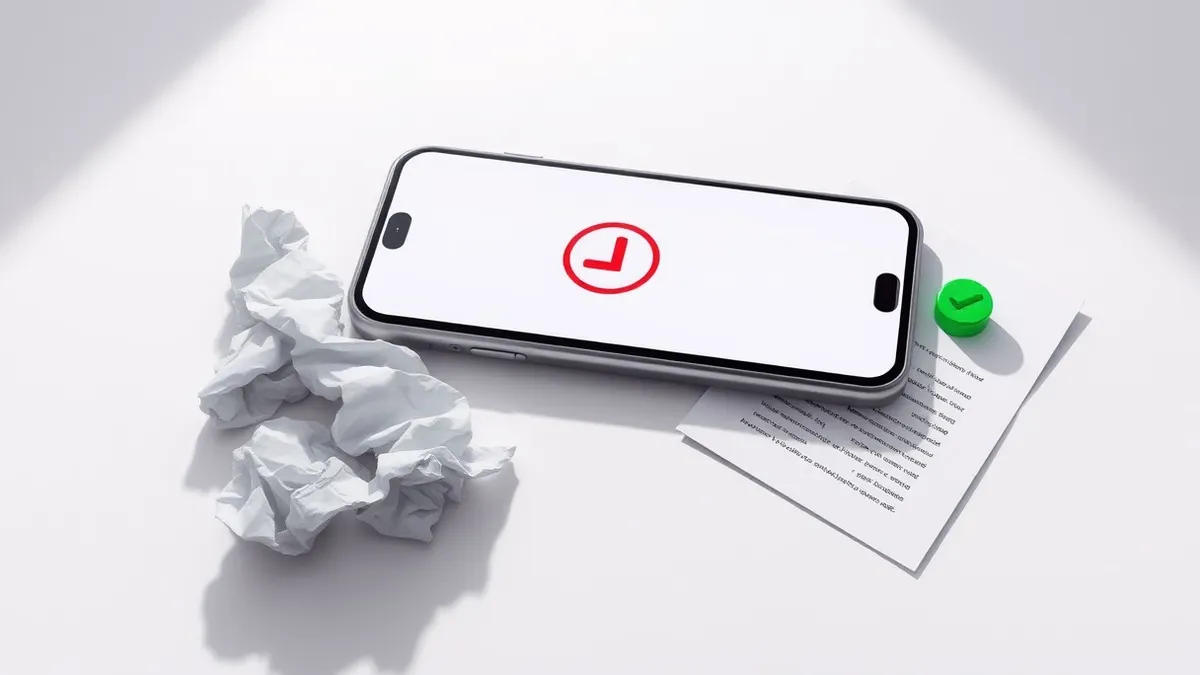 Illustration: A sleek smartphone rests on a clean white desk, its screen displaying a blank notification icon with a red slash through it.