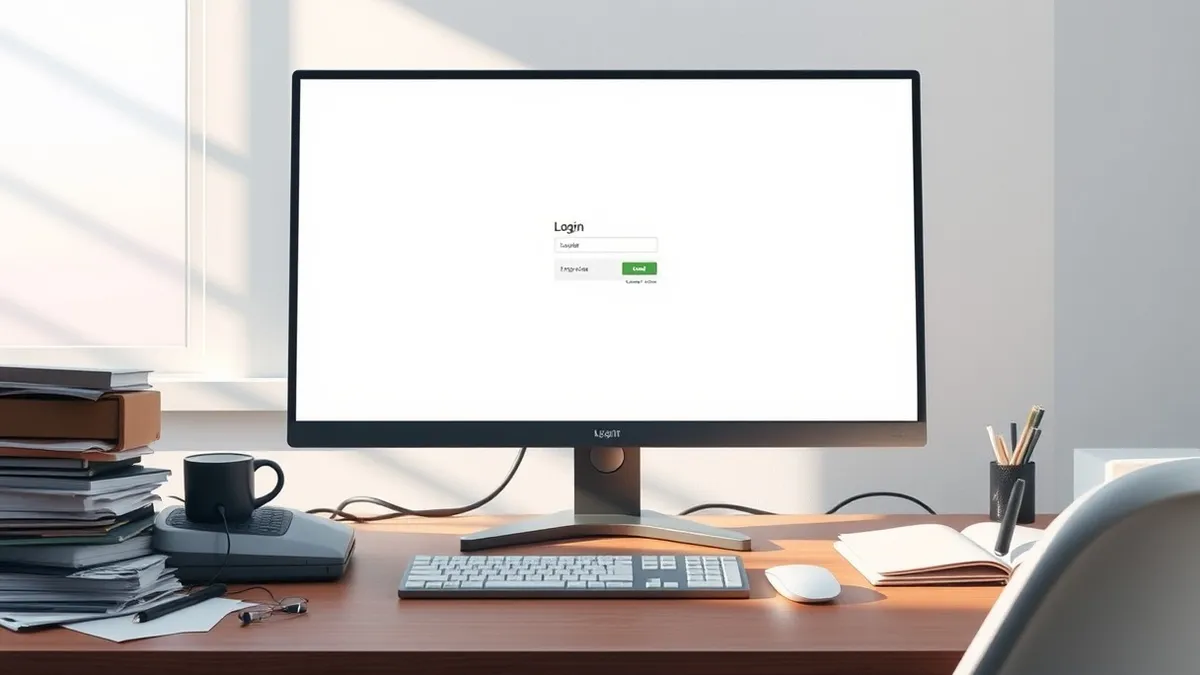 Illustration: A sleek desktop monitor sits on a cluttered wooden desk, its screen displaying a clean, blank login form.