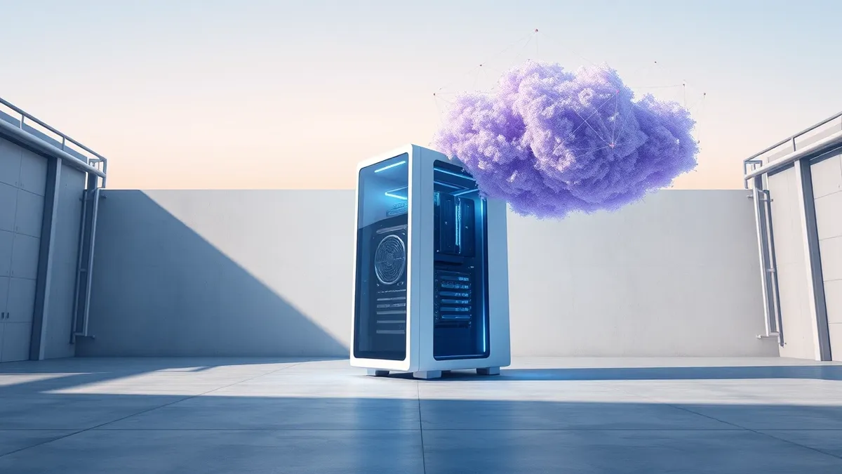 Illustration: A sleek, white server tower with glowing blue internal components sits on a polished concrete floor in a minimalist industrial space.